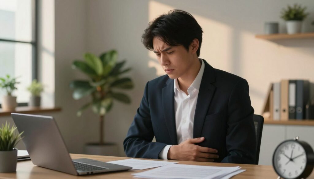 A serene and contemplative scene depicting a young adult seated at a desk in a softly lit office environment. The individual, dressed in professional business attire, holds their left side gently, conveying a sense of discomfort under their left rib. In the background, a warm light filters through a window, casting gentle shadows across the room filled with plants and calming decor. A subtle visual representation of stress is suggested through scattered papers and a clock showing late hours, symbolizing the pressure of work. The overall mood is a blend of calmness and tension, highlighting the internal struggle with stress-related discomfort. The image focuses on the individual's expression of concern, creating a thoughtful and relatable atmosphere. A serene and contemplative scene depicting a young adult seated at a desk in a softly lit office environment. The individual, dressed in professional business attire, holds their left side gently, conveying a sense of discomfort under their left rib. In the background, a warm light filters through a window, casting gentle shadows across the room filled with plants and calming decor. A subtle visual representation of stress is suggested through scattered papers and a clock showing late hours, symbolizing the pressure of work. The overall mood is a blend of calmness and tension, highlighting the internal struggle with stress-related discomfort. The image focuses on the individual's expression of concern, creating a thoughtful and relatable atmosphere.