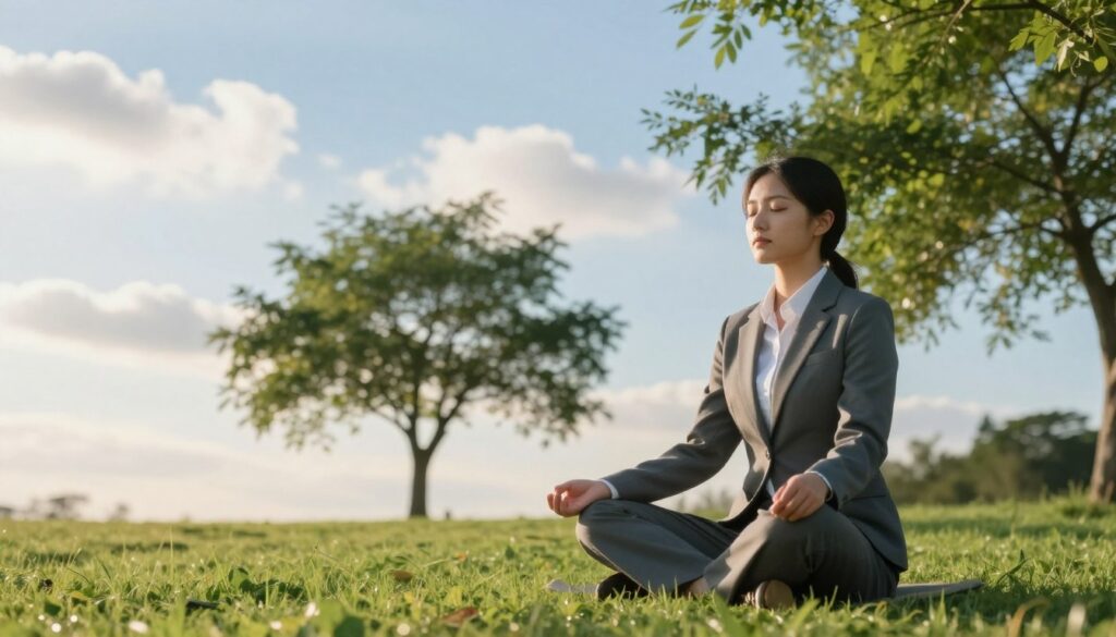 A serene and contemplative scene depicting mental resilience, showcasing a person in a calm outdoor setting. In the foreground, a young adult in professional attire, reflecting inner strength and focus, sits cross-legged on a lush green lawn, eyes closed, practicing mindfulness. In the middle ground, a gentle breeze rustles the leaves of nearby trees, creating a harmonious atmosphere. The background features an expansive blue sky, dotted with soft white clouds, symbolizing clarity and peace. Use soft, natural lighting to enhance the tranquil mood, with the sun low on the horizon, casting warm golden tones. The overall composition should evoke a sense of calm and empowerment, illustrating the essence of stress resilience without distractions or clutter in the scene.