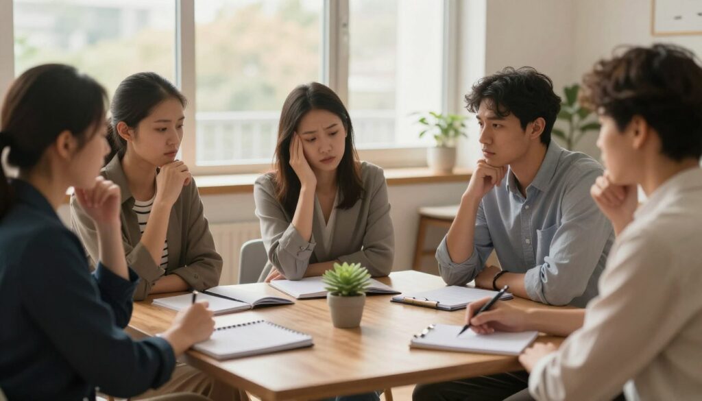 A serene and contemplative scene depicting the "process of coping" with stress. In the foreground, a diverse group of three individuals, dressed in professional business attire and modest casual clothing, are engaged in a discussion, showcasing different emotional responses. The middle layer features a table filled with stress management tools like notebooks, pens, and a calming plant. The background reveals a softly lit room with large windows letting in warm, natural light, creating a cozy atmosphere. Gentle, diffused light envelops the scene, highlighting the individuals' expressions of thoughtfulness and determination. The overall mood is one of introspection, support, and resilience, capturing the essence of coping strategies and their development.