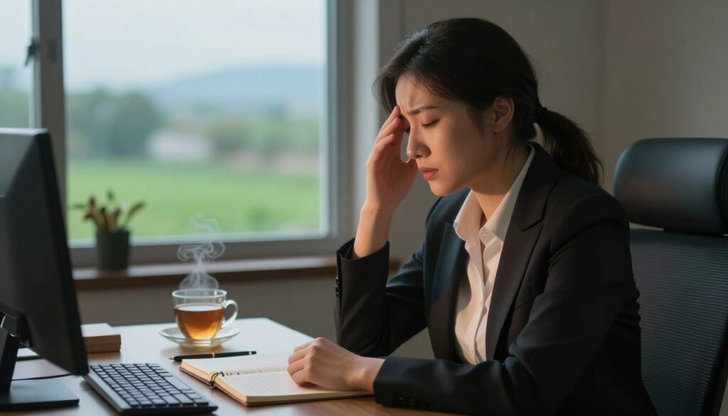 A serene and contemplative scene illustrating the concept of menstrual absence due to stress. In the foreground, a woman in professional business attire sits at a desk, surrounded by a soft, warm light that highlights her thoughtful expression. She gazes out a window, where a calming view of nature can be seen, depicting a lush green landscape under a gentle, blue sky. The middle background features various stress-related items, like a neglected journal, a steaming cup of tea, and a relaxing chair that suggest a moment of pause and reflection. The overall atmosphere conveys a mix of tranquility and introspection, infused with a sense of emotional weight. The lighting is soft and inviting, using natural light to enhance the mood of the scene.