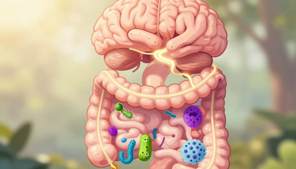 A serene and engaging illustration depicting the human digestive system, with a focus on the intestines represented in vibrant colors. The foreground features a stylized representation of the intestines, intertwined with diverse microorganisms, symbolizing gut microbiota, portrayed in vivid greens, blues, and purples to illustrate vitality. In the middle ground, there's a subtle depiction of the brain, interconnected with the gut through a glowing pathway, symbolizing the concept of the "second brain." The background is softly illuminated with warm, natural light, creating an inviting and calming atmosphere, reminiscent of a healthy environment. The overall mood conveys a sense of balance and wellness, emphasizing the connection between the gut and brain. The composition is peaceful yet thought-provoking, enhancing the theme of health and stress.