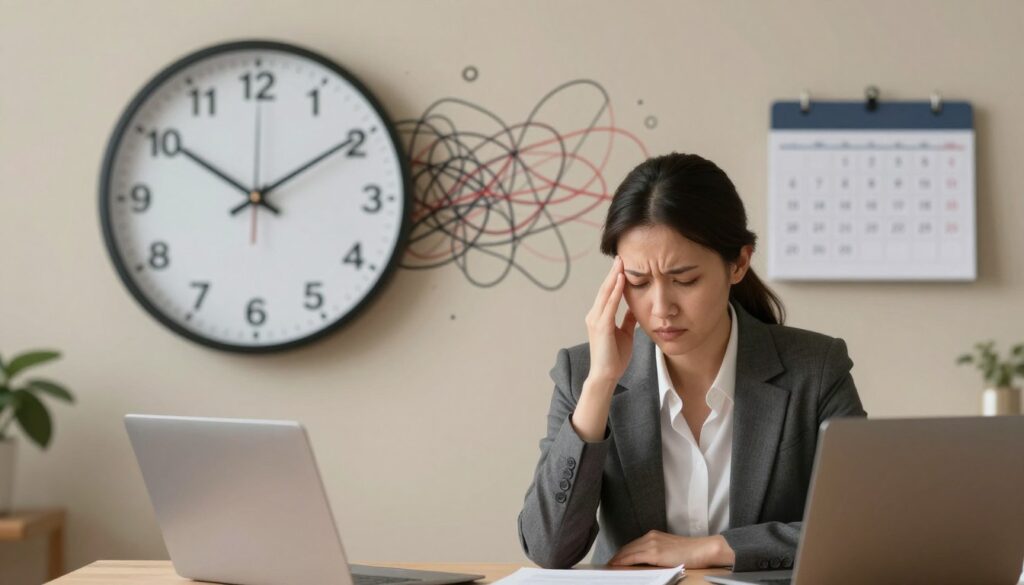 A serene and informative scene illustrating the impact of stress on the menstrual cycle. In the foreground, a thoughtful woman in a professional business outfit sits at a desk, reflecting on her well-being, with a subtle frown indicating concern. In the middle ground, a large wall clock with a calender nearby symbolically depicts the passage of time, emphasizing cycles. The background features soft, muted colors, incorporating abstract representations of stress, such as tangled lines and chaotic patterns merging into harmonious ones, creating a sense of transformation. The lighting is soft and warm, evoking a calm atmosphere, while a slight blur in the background enhances focus on the woman. The overall mood conveys a connection between stress and health, inspiring a sense of awareness and reflection.