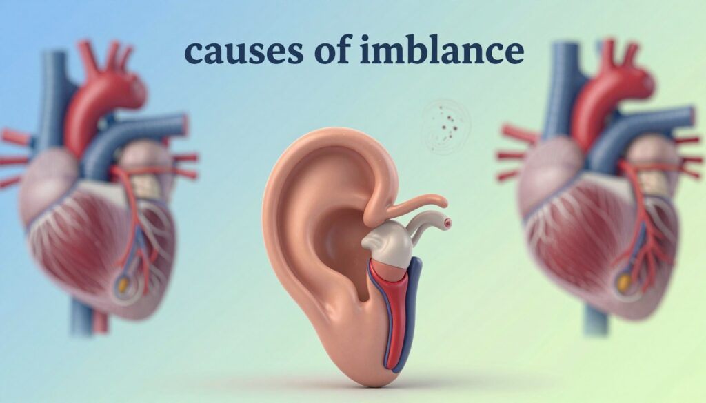 A serene and insightful depiction of "causes of imbalance" for a medical article. In the foreground, illustrate a detailed model of the human inner ear, specifically the vestibular system, surrounded by anatomical illustrations of the cardiovascular system, showcasing arteries and veins. In the middle ground, add subtle imagery representing stressors like swirling particles or abstract shapes symbolizing anxiety. The background features a calm gradient from soft blue to pale green, enhancing a sense of tranquility and balance. Use soft, diffused lighting to create a gentle atmosphere, with dynamic shadows for depth. The lens perspective should be slightly above eye level, inviting viewers into a world of physiological complexity while maintaining a professional tone. A serene and insightful depiction of "causes of imbalance" for a medical article. In the foreground, illustrate a detailed model of the human inner ear, specifically the vestibular system, surrounded by anatomical illustrations of the cardiovascular system, showcasing arteries and veins. In the middle ground, add subtle imagery representing stressors like swirling particles or abstract shapes symbolizing anxiety. The background features a calm gradient from soft blue to pale green, enhancing a sense of tranquility and balance. Use soft, diffused lighting to create a gentle atmosphere, with dynamic shadows for depth. The lens perspective should be slightly above eye level, inviting viewers into a world of physiological complexity while maintaining a professional tone.
