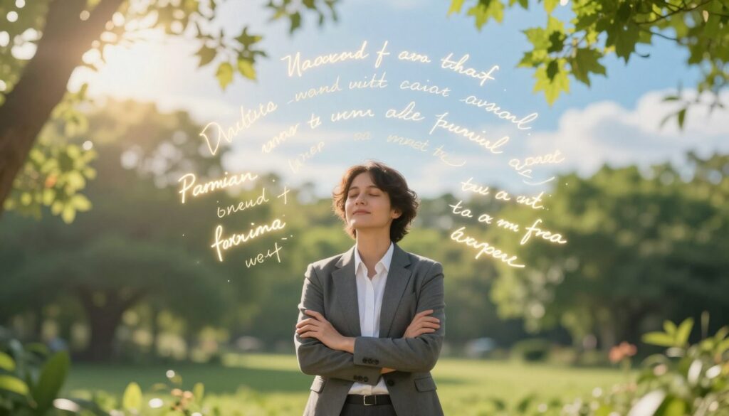A serene and inspiring scene, capturing the essence of positive affirmations and their impact on stress. In the foreground, a person dressed in professional business attire stands confidently, with a relaxed expression, surrounded by softly glowing affirmations written in elegant script that seem to float around them. The middle ground features a tranquil nature backdrop, with lush greenery and gentle sunlight filtering through the leaves, symbolizing calmness and mental clarity. In the background, a peaceful blue sky adds to the uplifting atmosphere. The lighting is warm and inviting, creating a sense of hope and positivity. The overall mood is harmonious and encouraging, reflecting the transformative power of affirmations on thoughts and well-being.