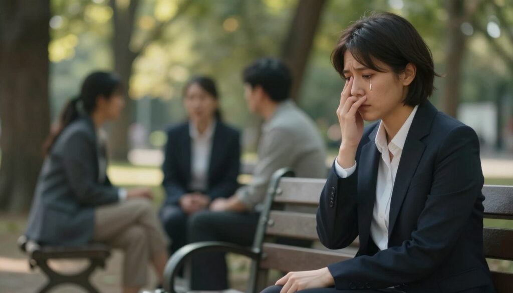 A serene and introspective scene depicting the emotional and physical symptoms of Complex PTSD. In the foreground, a person dressed in professional business attire sits on a park bench, their expression reflecting deep contemplation and vulnerability, with subtle tears glistening in their eyes. In the middle ground, blurred figures are engaged in distant conversations, illustrating the feeling of disconnection. The background features a softly lit forest with dappled sunlight filtering through the trees, creating a calm yet somber atmosphere. The composition captures the complexity of emotions, with softer shadows to enhance the mood of introspection and the struggle for connection. The use of natural light adds warmth, contrasting with the emotional weight, inviting empathy and understanding.