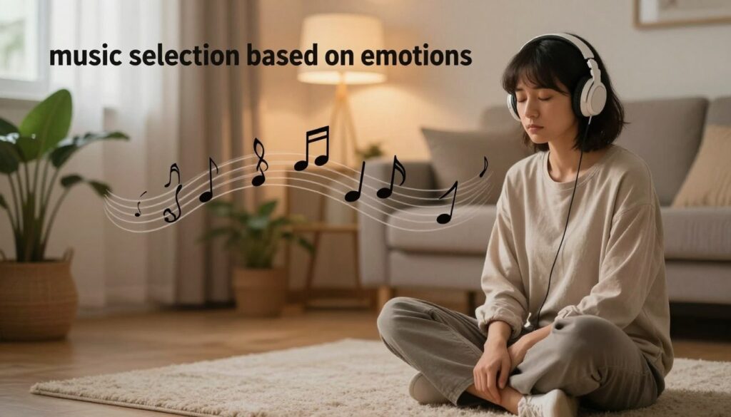 A serene and introspective setting illustrating “music selection based on emotions,” focusing on themes of stress relief and depression. In the foreground, a person sitting cross-legged on a soft carpet, wearing comfortable casual clothing, eyes closed, wearing headphones with a peaceful expression. In the middle, a variety of musical notes and symbols gently flowing around, representing different emotions, such as calmness, hope, and sadness. The background features a warm, softly lit room with plants and ambient lighting that casts a gentle glow, suggesting a safe space for emotional exploration. The overall mood is soothing and contemplative, evoking a sense of tranquility and connection through music.