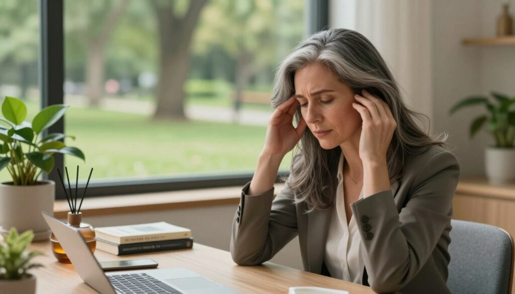 A serene and inviting indoor space, bathed in soft, warm lighting, conveys a sense of calm amidst the chaos of stress. In the foreground, a professional woman in smart business attire sits at a desk, a look of contemplation on her face as she gently touches a few strands of her graying hair. The middle ground features a tranquil workspace with plants and calming items like a diffuser and stress relief books. In the background, large windows show a lush green park, symbolizing nature’s healing effects on stress. The atmosphere is peaceful, promoting mindfulness and self-care, highlighting the connection between stress reduction and the health of hair pigmentation. The angle is slightly tilted, focusing on the woman’s thoughtful expression while capturing the ambiance of a stress-free environment.