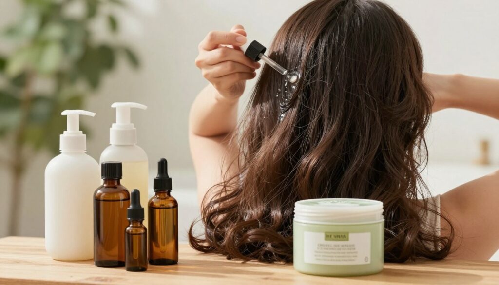 A serene and inviting scene focusing on scalp care, showcasing a close-up view of a well-groomed woman's head, featuring lush, healthy hair that flows softly around her shoulders. The foreground highlights a variety of scalp care products, such as essential oils, soothing lotions, and hair masks, elegantly arranged on a natural wooden surface. In the middle ground, a gentle hand applies a nourishing serum to the scalp, emphasizing relaxation and self-care. The background includes soft, blurred greenery to evoke a calm atmosphere. Bright, natural lighting filters through, casting a warm glow on the scene, creating a tranquil and soothing mood, ideal for conveying themes of hair health and scalp care amidst stress. A serene and inviting scene focusing on scalp care, showcasing a close-up view of a well-groomed woman's head, featuring lush, healthy hair that flows softly around her shoulders. The foreground highlights a variety of scalp care products, such as essential oils, soothing lotions, and hair masks, elegantly arranged on a natural wooden surface. In the middle ground, a gentle hand applies a nourishing serum to the scalp, emphasizing relaxation and self-care. The background includes soft, blurred greenery to evoke a calm atmosphere. Bright, natural lighting filters through, casting a warm glow on the scene, creating a tranquil and soothing mood, ideal for conveying themes of hair health and scalp care amidst stress.