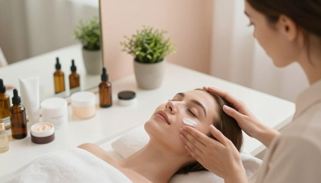 A serene and inviting skincare setting, featuring a well-organized vanity table adorned with various skincare products, such as creams, serums, and natural oils. In the foreground, a pair of beautifully arranged hands applies a gentle moisturizer to a model's radiant face, showcasing healthy skin. The model, dressed in a modest, light-colored blouse, has a calm expression, embodying relaxation and self-care. In the middle, soft ambient lighting creates a tranquil atmosphere, while a small potted plant adds a touch of nature. The background consists of muted pastel colors, enhancing the soothing feel of the scene. Capture this image from a slightly elevated angle, emphasizing the skincare routine's importance in stress relief and promoting overall well-being.