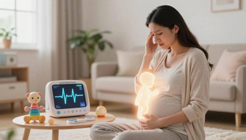 A serene and nurturing scene illustrating the impact of stress on pregnancy and child development. In the foreground, a gently glowing, ethereal silhouette of a pregnant woman in modest casual clothing, radiating a soft light that symbolizes her love and connection with her unborn child. In the middle ground, images of baby toys and a fetal heartbeat monitor to represent growth and monitoring. In the background, a calming indoor setting, with soft pastel colors, plants, and natural light streaming through a window, creating a peaceful atmosphere. The mood is reflective and hopeful, emphasizing the importance of support and well-being during pregnancy. The scene is captured with a soft-focus lens to evoke warmth and tenderness.