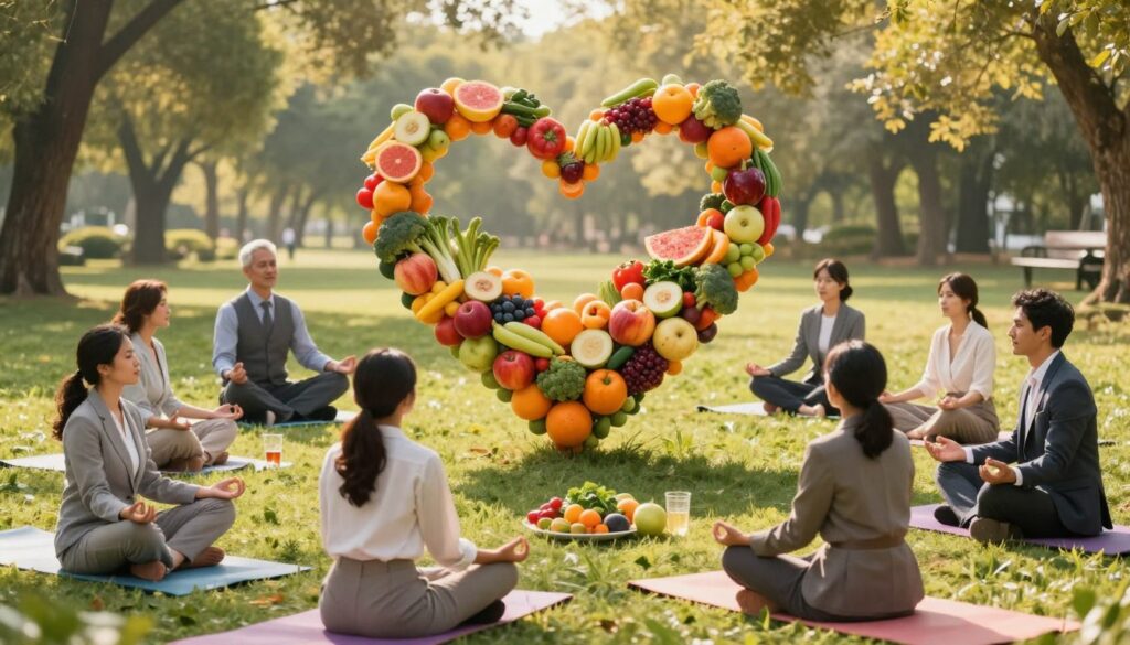 A serene and peaceful environment highlighting the impact of stress on immunity. In the foreground, a diverse group of professionals in smart, modest business attire engage in activities that promote relaxation—meditating, practicing yoga, and sharing healthy meals. In the middle ground, a visually appealing heart shape is formed by vibrant fruits and vegetables, symbolizing a healthy heart impacted positively by stress management. The background features soft, diffuse natural light filtering through trees in a tranquil park, creating a calming atmosphere. The overall mood is uplifting and hopeful, emphasizing the connection between stress relief and enhanced immunity. Use warm color tones to evoke a sense of well-being and vitality. Capture this scene from a slightly elevated angle for a comprehensive view.