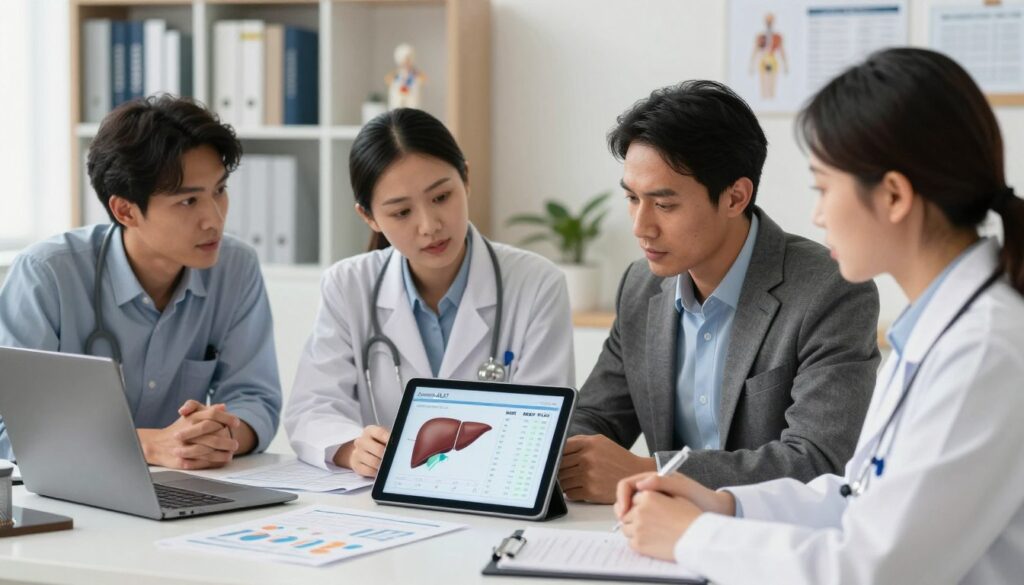 A serene and professional medical office setting, with a focus on a modern, well-lit desk crammed with health-related charts and a digital display of normal ALAT values. In the foreground, a diverse group of three healthcare professionals in smart business attire, engaged in a discussion around a tablet showcasing liver function metrics. The mood is collaborative and informative, reflecting a sense of seriousness over health concerns. The background features shelves filled with medical textbooks and anatomical models, adding depth and context to the environment. Soft, natural lighting illuminates the scene, enhancing the focus on the professionals’ expressions and the tablet screen, while a shallow depth of field subtly blurs the background, drawing attention to the foreground discussion.