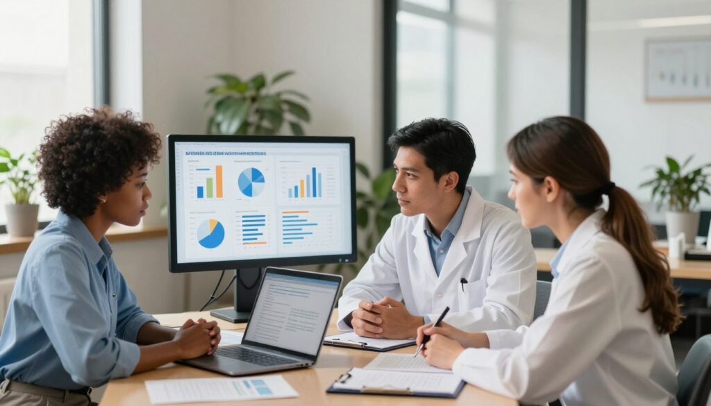 A serene and professional research environment, showcasing a group of diverse individuals in a modern office setting focused on stress assessment and coping strategies. In the foreground, a diverse team of three professionals—a Black woman, a Hispanic man, and a Caucasian woman—illustrate collaboration, analyzing data on a laptop and discussing findings. In the middle, an assortment of charts and graphs on a screen highlight various stress coping mechanisms. The background features a soft-lit room with potted plants and large windows letting in natural light, creating an inviting atmosphere. The overall mood conveys professionalism and determination, capturing the essence of research in psychology. The scene should be well-composed, shot at eye level, to emphasize engagement and focus.