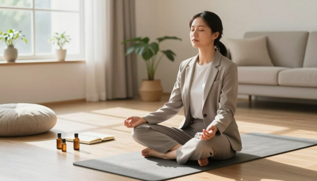 A serene and professional setting illustrating stress management techniques. In the foreground, a calm individual in business casual attire is practicing mindful breathing on a yoga mat, eyes closed, surrounded by soft cushions. In the middle ground, various stress relief tools like essential oils, a journal, and a small indoor plant create a tranquil atmosphere. The background features a softly lit room with natural light streaming through a window, casting gentle shadows. A peaceful, minimalist design with soft earth tones enhances the mood of relaxation and focus. Use a wide-angle lens to capture the space, ensuring a warm and inviting ambiance, perfect for illustrating the concept of overcoming waves of stress in daily life.