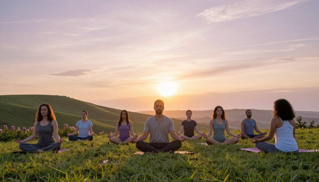 A serene and tranquil meditation scene showcasing a beginner meditating on a lush green hillside at sunrise. In the foreground, a diverse group of individuals in modest casual clothing, reflecting different ethnicities, sit in various meditation poses, embodying peaceful expressions. The middle ground features gentle hills and flowering plants, enhancing the sense of calm. The background has a soft, pastel-colored sky with the sun rising, casting warm, golden light, creating a soft halo effect around the meditators. The atmosphere is tranquil and supportive, with dappled sunlight filtering through wispy clouds, inviting the viewer to feel the peace of meditation practice while touching on common beginner struggles like focus and distractions, capturing the essence of overcoming challenges in meditation. A serene and tranquil meditation scene showcasing a beginner meditating on a lush green hillside at sunrise. In the foreground, a diverse group of individuals in modest casual clothing, reflecting different ethnicities, sit in various meditation poses, embodying peaceful expressions. The middle ground features gentle hills and flowering plants, enhancing the sense of calm. The background has a soft, pastel-colored sky with the sun rising, casting warm, golden light, creating a soft halo effect around the meditators. The atmosphere is tranquil and supportive, with dappled sunlight filtering through wispy clouds, inviting the viewer to feel the peace of meditation practice while touching on common beginner struggles like focus and distractions, capturing the essence of overcoming challenges in meditation.
