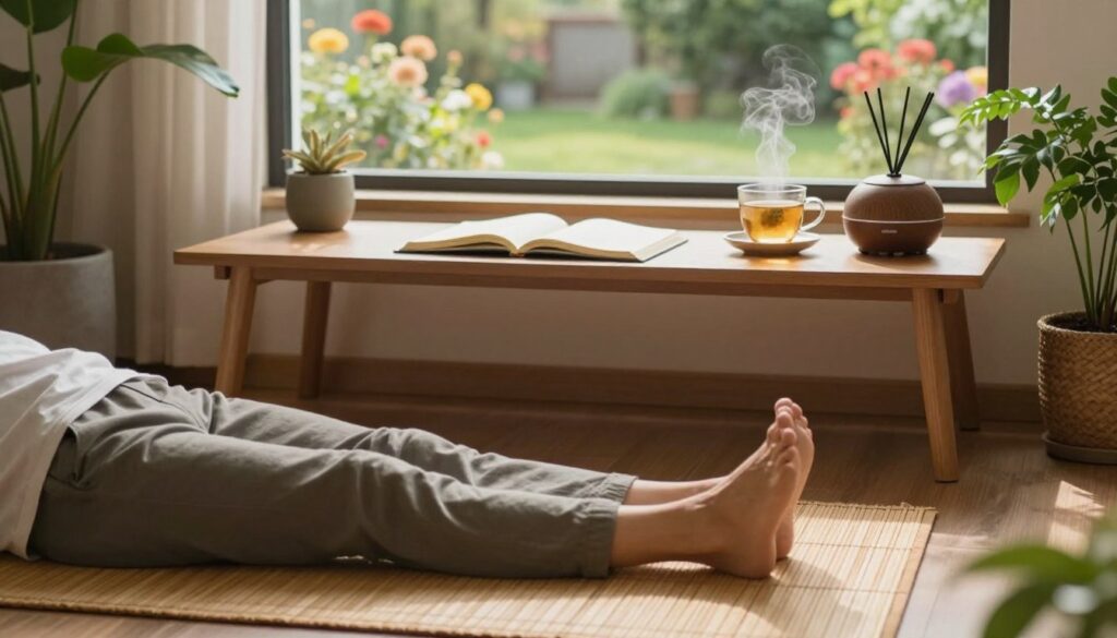 A serene, balanced workspace with a calming ambiance, layered with elements that symbolize effective stress management. In the foreground, a person in modest casual clothing practices yoga on a bamboo mat, surrounded by green plants and soft natural light filtering through a window. In the middle ground, a neatly organized desk features an open journal, a steaming cup of herbal tea, and a diffuser releasing soothing scents. In the background, a tranquil landscape can be seen through the window, showcasing a peaceful garden with gentle sunlight and colorful flowers. The atmosphere is calm and rejuvenating, evoking a sense of peace and relaxation, perfect for illustrating habits that reduce stress over time.