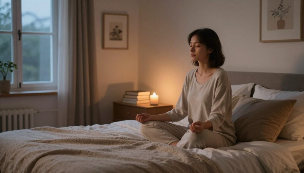 A serene bedroom scene at dusk, designed for relaxation before sleep. In the foreground, a cozy, neatly made bed with soft, neutral-toned blankets and a few decorative pillows. A person (a woman dressed in comfortable, modest loungewear) sits cross-legged on the bed, eyes closed in meditation, radiating calm and peace. In the middle ground, a small bedside table holds a lit candle and a stack of calming books. The background features softly lit walls, adorned with calming artwork, and a window allowing gentle twilight to filter in, casting soft shadows. The atmosphere evokes tranquility and safety, emphasizing a gentle, warm glow that invites restfulness. Focus on the soothing ambiance, with a shallow depth of field to draw attention to the subject.