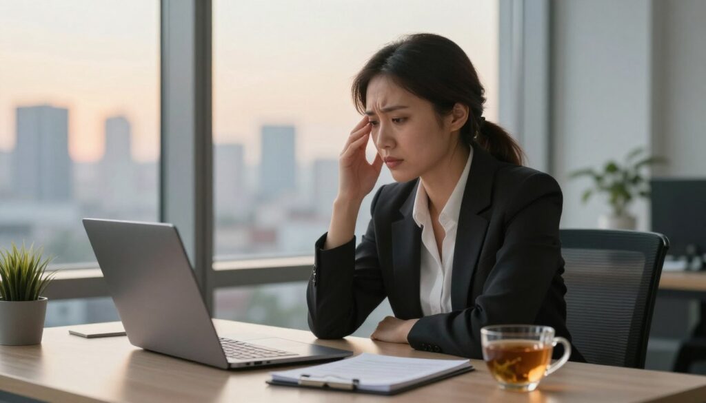 A serene but introspective scene depicting a professional woman in a modern office setting, seated at her desk, subtly showing signs of stress. Her brow is slightly furrowed as she gazes out the window, with a city skyline in the background during the golden hour, casting warm tones through the glass. The foreground features a neat desk with a laptop, a notepad, and a cup of herbal tea, symbolizing coping mechanisms for stress. The lighting is soft and diffused, creating an atmosphere of contemplation and vulnerability while maintaining professionalism. The overall mood reflects the contrast between the pressures of work and the need for mental health awareness, illustrating the concept of "padaczka nerwowa" in a thought-provoking and visually appealing manner.