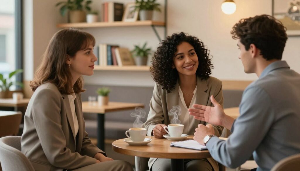 A serene café setting in soft, warm lighting during early evening. In the foreground, a diverse group of three individuals—two women and one man—engaged in an intimate conversation. One woman with shoulder-length brown hair in a professional business outfit leans forward, attentively listening, while the other woman, with curly black hair, sits back with a supportive smile. The man, in smart casual attire, gestures as he shares thoughts. In the middle ground, a small round table holds steaming cups of coffee and a notebook. The background features softly blurred shelves filled with books and calming plants, creating an atmosphere of comfort and support. The overall mood is positive and encouraging, evoking a sense of camaraderie and open communication.