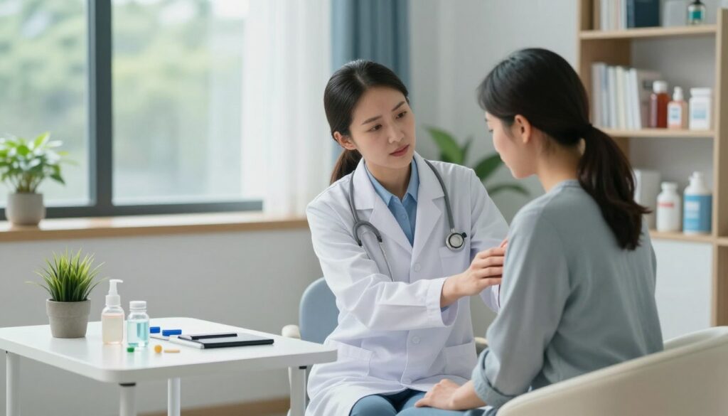 A serene clinical setting illustrating the treatment of nerve pain, featuring a compassionate healthcare professional, dressed in a white lab coat, attentively discussing pain management with a patient seated in a comfortable chair. In the foreground, a well-organized treatment table with various medical tools and a small potted plant to add a touch of warmth. The middle ground includes a calming color palette of soft blues and greens, with natural light filtering through a large window, creating a soothing atmosphere. In the background, shelves lined with medical literature and wellness resources to reinforce a clinical yet comforting environment. The focus should be on the interaction between the healthcare professional and the patient, highlighting a sense of hope and support in pain management.