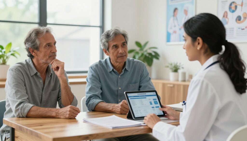 A serene consultation room focusing on a healthcare professional and a middle-aged patient. In the foreground, the healthcare professional, a South Asian woman in a white lab coat, speaks calmly and reassuringly to the patient, who is seated and listening attentively. The patient, a Caucasian man dressed in casual yet neat clothing, appears thoughtful and engaged. In the middle ground, a wooden table holds medical documents and a digital tablet displaying health information. The background features a large window with natural light streaming in, illuminating plants and medical posters on the walls. The atmosphere feels warm and caring, emphasizing healing after a transient ischemic attack (TIA), with soft lighting enhancing a sense of hope and recovery.