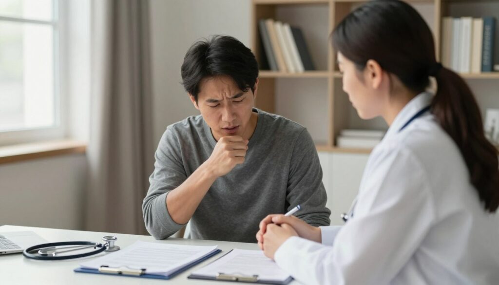 A serene consultation room with a focus on a healthcare professional in professional attire, examining a patient with a concerned expression. The foreground features a desk with medical charts and a stethoscope, symbolizing thorough diagnostic procedures. In the middle, the patient, dressed in modest casual clothing, appears anxious but engaged in conversation, highlighting the psychological aspect of stress-related coughing. The background includes calming, soft lighting from a nearby window, casting gentle shadows, and shelves filled with medical books, creating an atmosphere of professionalism and care. Overall, the mood conveys a blend of empathy and focus, representing the step-by-step process of diagnosing psychogenic cough by excluding other causes. A serene consultation room with a focus on a healthcare professional in professional attire, examining a patient with a concerned expression. The foreground features a desk with medical charts and a stethoscope, symbolizing thorough diagnostic procedures. In the middle, the patient, dressed in modest casual clothing, appears anxious but engaged in conversation, highlighting the psychological aspect of stress-related coughing. The background includes calming, soft lighting from a nearby window, casting gentle shadows, and shelves filled with medical books, creating an atmosphere of professionalism and care. Overall, the mood conveys a blend of empathy and focus, representing the step-by-step process of diagnosing psychogenic cough by excluding other causes.