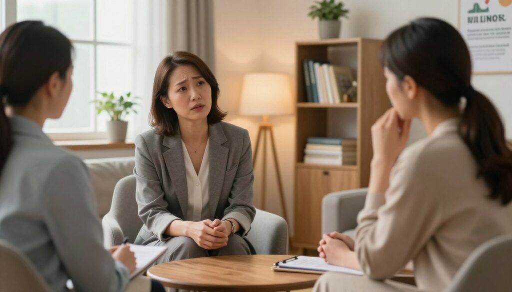 A serene consultation room with a professional counselor and a client discussing stress-related issues. In the foreground, the counselor—an empathetic, middle-aged woman in business attire—sits across a wooden table, actively listening to the client, who appears thoughtful and slightly anxious. In the middle ground, a cozy atmosphere is created with soft, warm lighting from a nearby window, as well as calming decorations like potted plants and motivational posters on the walls. In the background, bookshelves filled with self-help books add depth. The scene embodies a supportive environment, evoking feelings of trust and openness, emphasizing the importance of seeking professional help for stress management.