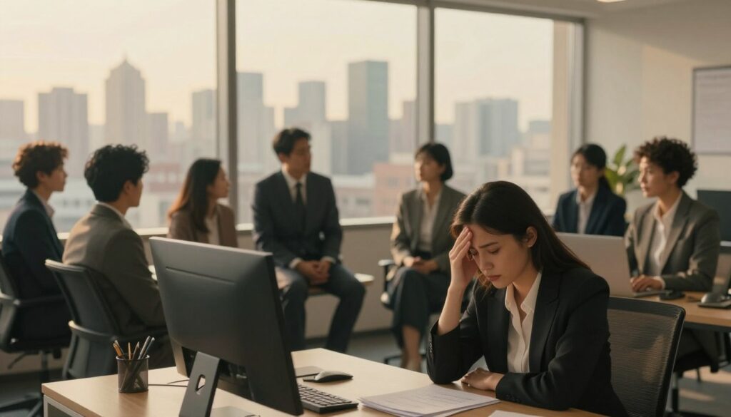 A serene, contemplative office space featuring a professional, diverse group of individuals in business attire. In the foreground, a woman sits at a desk with a pensive expression, symbolizing the weight of stress, while a group in the middle ground engages in a calm discussion, illustrating the importance of support in addressing trauma. The background portrays a large window revealing a city skyline, bathed in warm golden light, suggesting hope and resilience. Soft shadows and gentle highlights create a tranquil atmosphere, evoking a sense of reflection and understanding. The composition is framed from a slightly elevated angle, providing a holistic view of the environment, emphasizing the duality of stress and trauma in a professional context. A serene, contemplative office space featuring a professional, diverse group of individuals in business attire. In the foreground, a woman sits at a desk with a pensive expression, symbolizing the weight of stress, while a group in the middle ground engages in a calm discussion, illustrating the importance of support in addressing trauma. The background portrays a large window revealing a city skyline, bathed in warm golden light, suggesting hope and resilience. Soft shadows and gentle highlights create a tranquil atmosphere, evoking a sense of reflection and understanding. The composition is framed from a slightly elevated angle, providing a holistic view of the environment, emphasizing the duality of stress and trauma in a professional context.
