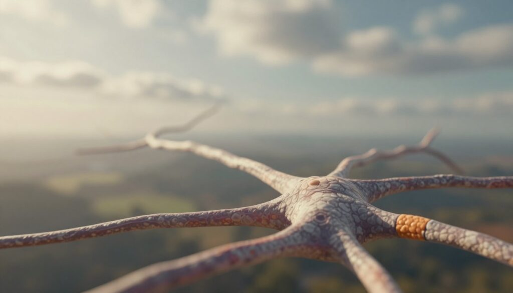 A serene, contemplative scene depicting the concept of multiple sclerosis (MS) in a metaphorical way. In the foreground, an abstract representation of a neural pathway, intricately detailed with demyelinated areas, displaying a gradual transition from healthy to affected regions. The middle ground features a subtle interplay of light and shadow, symbolizing the complexity of stress and its impact on the nervous system. The background showcases a tranquil landscape, suggesting healing and resilience, with soft sunlight filtering through gentle clouds. The overall mood is reflective and thought-provoking, evoking a sense of understanding and contemplation about neurological health. The image should employ soft, natural lighting to enhance its calming effect, and the camera angle should provide an intimate, inviting perspective. A serene, contemplative scene depicting the concept of multiple sclerosis (MS) in a metaphorical way. In the foreground, an abstract representation of a neural pathway, intricately detailed with demyelinated areas, displaying a gradual transition from healthy to affected regions. The middle ground features a subtle interplay of light and shadow, symbolizing the complexity of stress and its impact on the nervous system. The background showcases a tranquil landscape, suggesting healing and resilience, with soft sunlight filtering through gentle clouds. The overall mood is reflective and thought-provoking, evoking a sense of understanding and contemplation about neurological health. The image should employ soft, natural lighting to enhance its calming effect, and the camera angle should provide an intimate, inviting perspective.