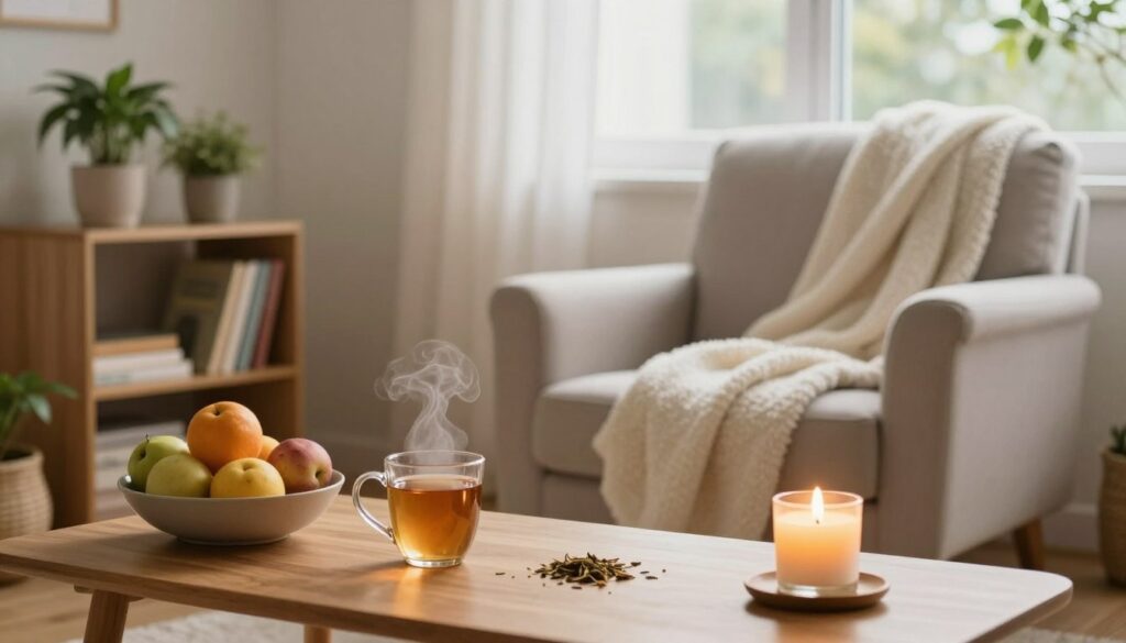 A serene, cozy indoor scene showcasing various "domowe sposoby" for stress relief. In the foreground, a wooden coffee table is adorned with a steaming mug of herbal tea, a bowl of fresh fruits, and a lit scented candle, emanating a warm glow. In the middle, a plush, inviting armchair is draped with a soft blanket, next to a small bookshelf filled with wellness books and indoor plants that promote tranquility. The background reveals a sunlit window with sheer curtains, allowing natural light to filter through, creating a peaceful atmosphere. The overall mood is calm and inviting, capturing a sense of relaxation and comfort, perfect for stress relief techniques.