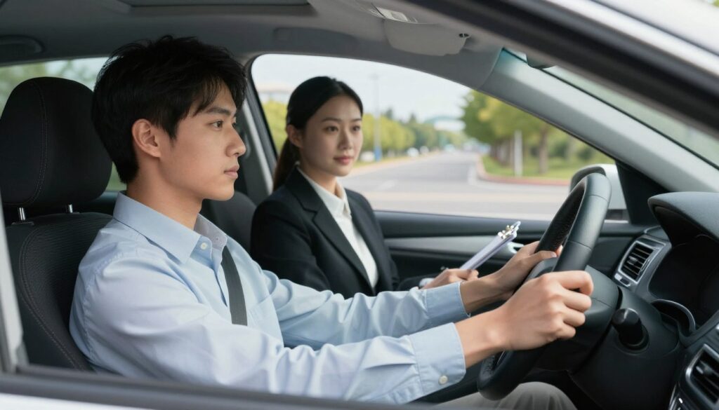 A serene driving exam scene depicting a young adult seated in a car, visibly focused and calm on the day of their driving test. In the foreground, the subject, dressed in smart casual attire, grips the steering wheel confidently. The middle ground showcases a driving examiner, also in professional business attire, sitting beside them with a clipboard, appearing supportive and encouraging. The background features a scenic driving route, lined with trees and clear blue skies, highlighting a calm and stress-free atmosphere. Soft natural lighting filters through the car windows, creating a bright and inviting environment. The overall mood is one of tranquility and determination, emphasizing the importance of staying composed during the driving exam.