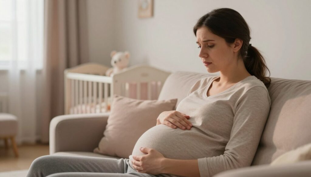 A serene, emotional scene depicting a pregnant woman in the foreground, sitting on a soft couch with a contemplative expression, her hand gently resting on her belly. The middle ground features a soothing environment with soft pastel colors, warm lighting from a nearby window casting a gentle glow, representing both comfort and introspection. In the background, a blurred nursery room with soft textiles and baby toys symbolizes the impending arrival of a child. The atmosphere is calm yet emotionally charged, conveying the complexity of stress during pregnancy. The composition should evoke empathy and reflection, showcasing the emotional depth of pregnancy while remaining professional and gentle in tone.