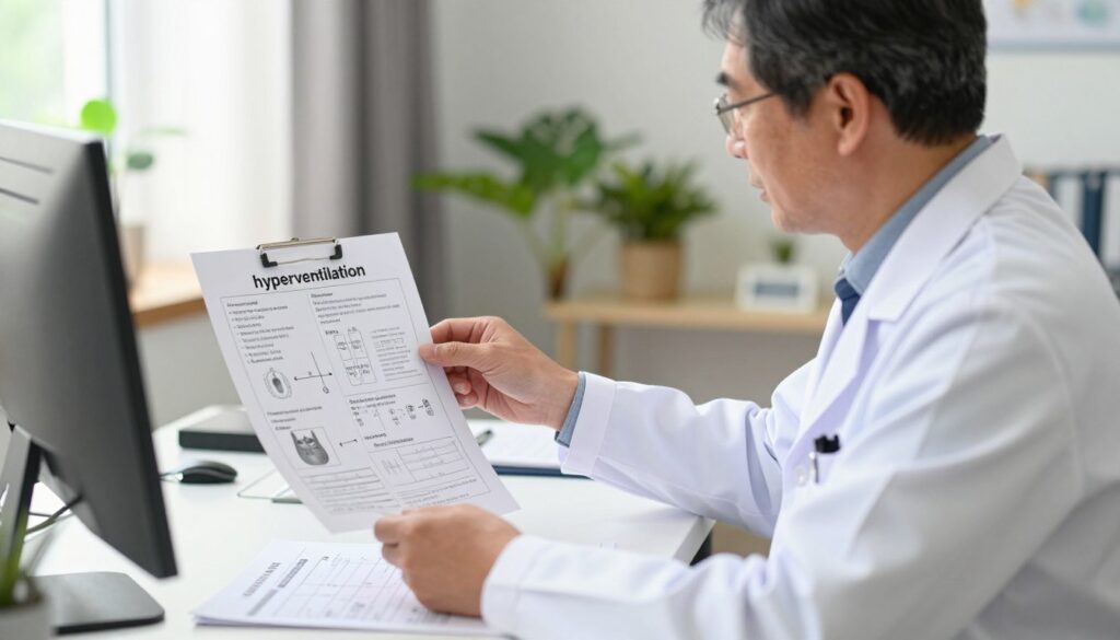 A serene indoor environment depicting a healthcare professional in a well-lit office, seated at a desk with medical charts and diagrams about hyperventilation clearly visible. The foreground features the professional—a middle-aged individual in a crisp white lab coat—engaged in thoughtful analysis of symptoms. The middle ground presents a chart illustrating potential causes of hyperventilation, such as anxiety, physical conditions, and environmental factors. In the background, calming colors and plants contribute to a tranquil atmosphere, with natural light streaming in through a window. The overall mood should be informative and reassuring, emphasizing a thorough examination of causes beyond stress while maintaining a professional tone.