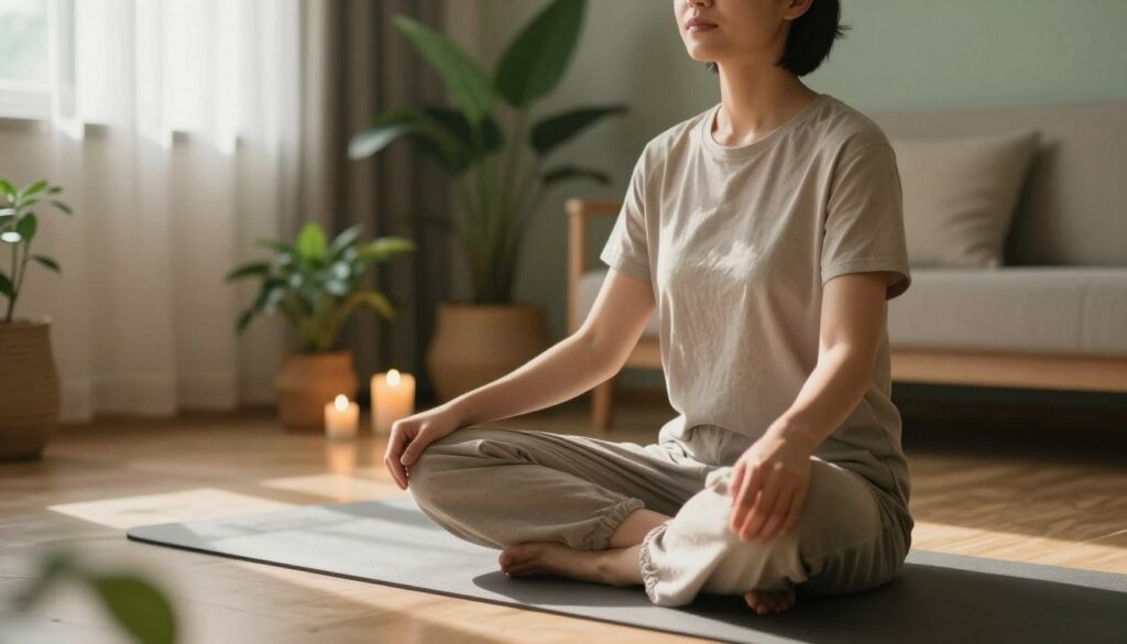 A serene indoor environment designed for deep breathing and relaxation. In the foreground, a person sitting comfortably on a yoga mat, dressed in modest casual clothing, practicing deep breathing techniques with hands resting on their knees. Their face shows tranquility and focus. In the middle ground, a softly lit room with plants and calming elements like candles, creating an atmosphere of peace. The background features subtle colors—soft greens and warm earth tones—suggesting a relaxing ambiance. Gentle sunlight filters through sheer curtains casting soft shadows. The composition emphasizes calmness and serenity, invoking a sense of peace and relief from stress. The lens captures the scene from a slightly elevated angle, enhancing the soothing visual narrative while maintaining an inviting and warm mood.