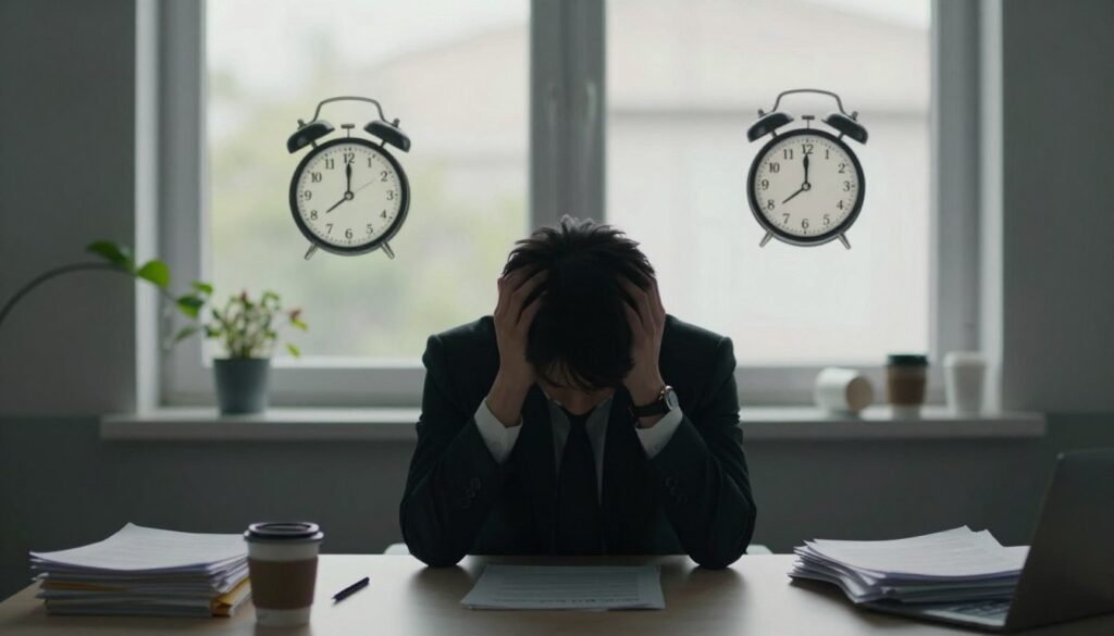 A serene indoor environment reflecting the long-term effects of stress on physical and mental health. In the foreground, a silhouette of a person in professional attire sits at a desk, head in hands, surrounded by cluttered paperwork, symbolizing anxiety. In the middle ground, an array of visual metaphors representing stress—such as a ticking clock, wilting plants, and scattered coffee cups—suggests pressure and fatigue. The background features a window with soft, diffused light filtering in, casting gentle shadows, creating an atmosphere of subdued tension. Overall, the image evokes a sense of overwhelm yet subtle hope, emphasizing the impact of chronic stress on well-being while maintaining a professional and focused aesthetic.