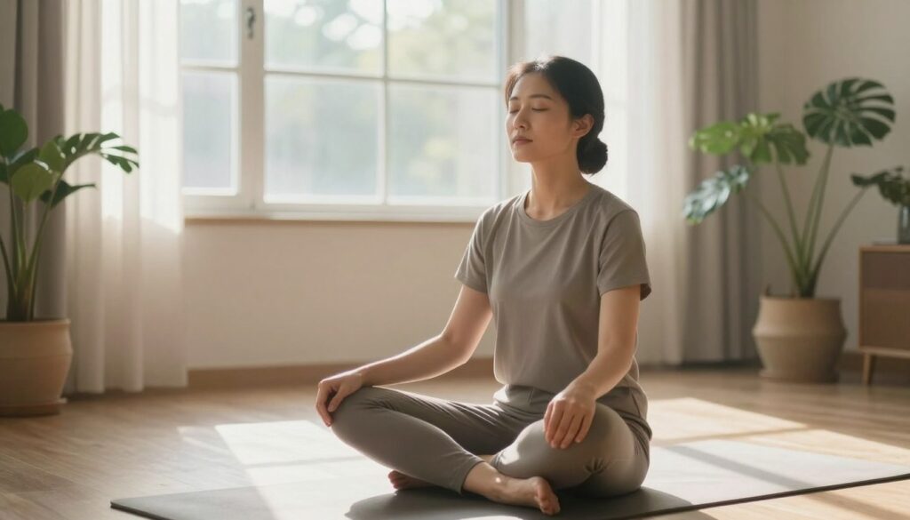 A serene indoor environment showcasing a person practicing "breathing techniques" as part of stress affirmation exercises. In the foreground, a calm individual, dressed in modest activewear, sits cross-legged on a soft mat, eyes gently closed, embodying tranquility. In the middle ground, a subtle haze of light illuminates the space, enhancing the peaceful atmosphere. Behind them, large windows let in natural sunlight, filtering through sheer curtains, creating soft shadows on the floor. Potted plants gently frame the scene, adding a touch of nature and vitality. The mood conveys relaxation and focus, with soft, warm lighting to evoke a sense of serenity and introspection. The camera angle is slightly elevated to capture the subject's peaceful expression and the harmonious surroundings.