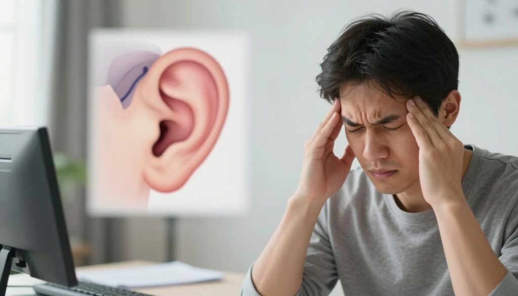 A serene indoor scene depicting a person experiencing dizziness, conveying a sense of stress linked to ear blockage. In the foreground, show a professional-looking individual in modest casual clothing with a furrowed brow, lightly holding their head in one hand while seated at a desk. In the middle ground, a blurred image of a medical diagram of the inner ear with the vestibular system highlighted, representing the connection between stress and balance. The background features soft, calming colors and gentle natural light streaming through a window, creating a tranquil atmosphere. The overall mood should evoke a feeling of introspection and the challenges of coping with stress-induced symptoms, emphasized by a shallow depth of field focusing on the subject's facial expression.
