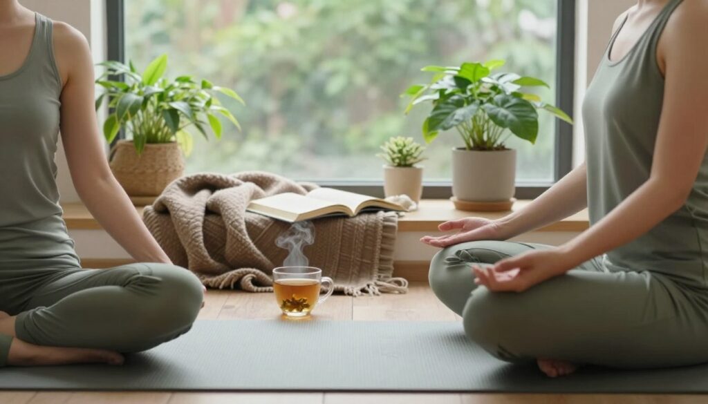 A serene indoor scene showcasing daily habits that reduce stress and promote mental health. In the foreground, a person in modest casual clothing is practicing yoga on a comfortable mat, exuding calmness and focus. In the middle, a cozy reading nook filled with plants, a warm blanket, and an open book lies invitingly. A steaming cup of herbal tea rests nearby, further enhancing the peaceful atmosphere. In the background, soft natural light streams through a large window, illuminating the room with a gentle glow. The color palette includes soothing greens and earthy tones, creating a tranquil mood. The composition is balanced and conveys a sense of harmony and relaxation, symbolizing healthy daily routines for stress management. A serene indoor scene showcasing daily habits that reduce stress and promote mental health. In the foreground, a person in modest casual clothing is practicing yoga on a comfortable mat, exuding calmness and focus. In the middle, a cozy reading nook filled with plants, a warm blanket, and an open book lies invitingly. A steaming cup of herbal tea rests nearby, further enhancing the peaceful atmosphere. In the background, soft natural light streams through a large window, illuminating the room with a gentle glow. The color palette includes soothing greens and earthy tones, creating a tranquil mood. The composition is balanced and conveys a sense of harmony and relaxation, symbolizing healthy daily routines for stress management.