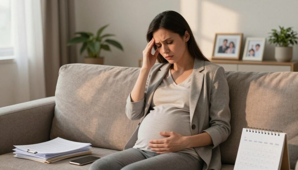 A serene indoor setting depicting a pregnant woman in professional casual attire, sitting on a comfortable sofa. She appears contemplative, with a subtle expression of concern on her face, symbolizing stress during pregnancy. In the foreground, gentle items symbolize common stressors like work files, a smartphone, and a calendar. The middle ground includes soft lighting that creates a warm atmosphere, while family pictures and calming plants are arranged in the background, illustrating support systems. The scene captures a blend of warmth and tension, with soft, diffused light coming through a window, casting delicate shadows. The overall mood is reflective but hopeful, emphasizing the balance between stress and support during pregnancy. A serene indoor setting depicting a pregnant woman in professional casual attire, sitting on a comfortable sofa. She appears contemplative, with a subtle expression of concern on her face, symbolizing stress during pregnancy. In the foreground, gentle items symbolize common stressors like work files, a smartphone, and a calendar. The middle ground includes soft lighting that creates a warm atmosphere, while family pictures and calming plants are arranged in the background, illustrating support systems. The scene captures a blend of warmth and tension, with soft, diffused light coming through a window, casting delicate shadows. The overall mood is reflective but hopeful, emphasizing the balance between stress and support during pregnancy.