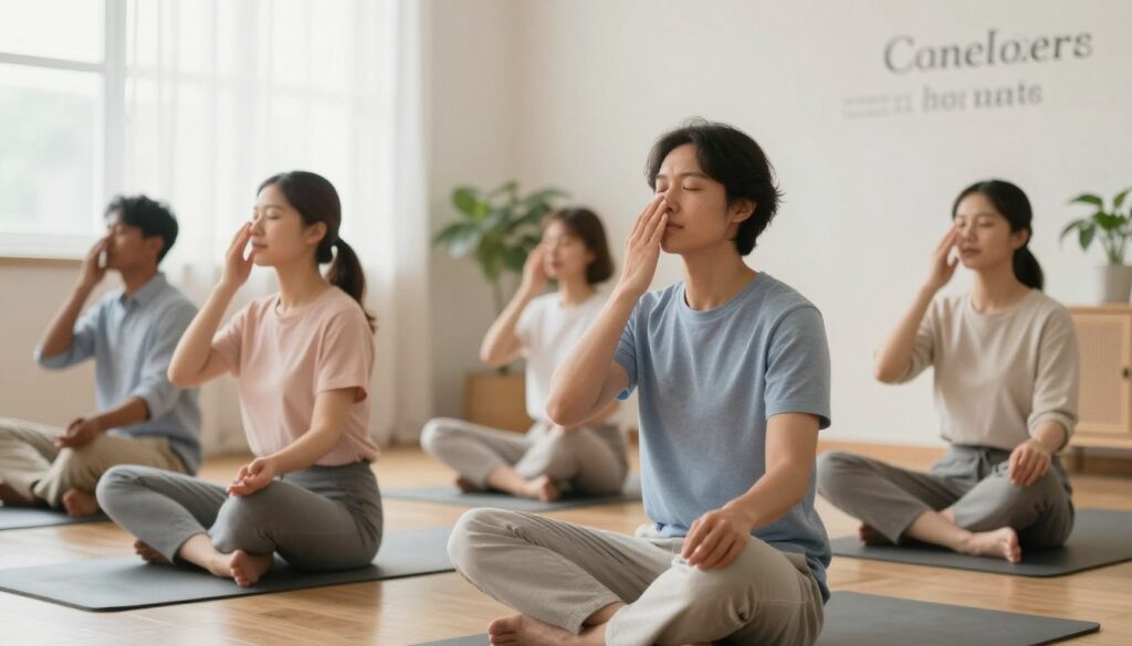 A serene indoor setting depicting stress-relief breathing techniques. In the foreground, a diverse group of two professionals, one man and one woman, dressed in business casual attire, are seated comfortably on yoga mats, demonstrating deep breathing exercises. The middle layer features a softly lit room with plants for a calming atmosphere and inspirational quotes subtly displayed on the walls. In the background, gently diffused natural light filters through sheer curtains, creating a warm and peaceful ambiance. The focus is on their calm expressions as they practice mindfulness, surrounded by light pastel colors that evoke tranquility. The overall mood should be soothing and uplifting, emphasizing relaxation and focus.