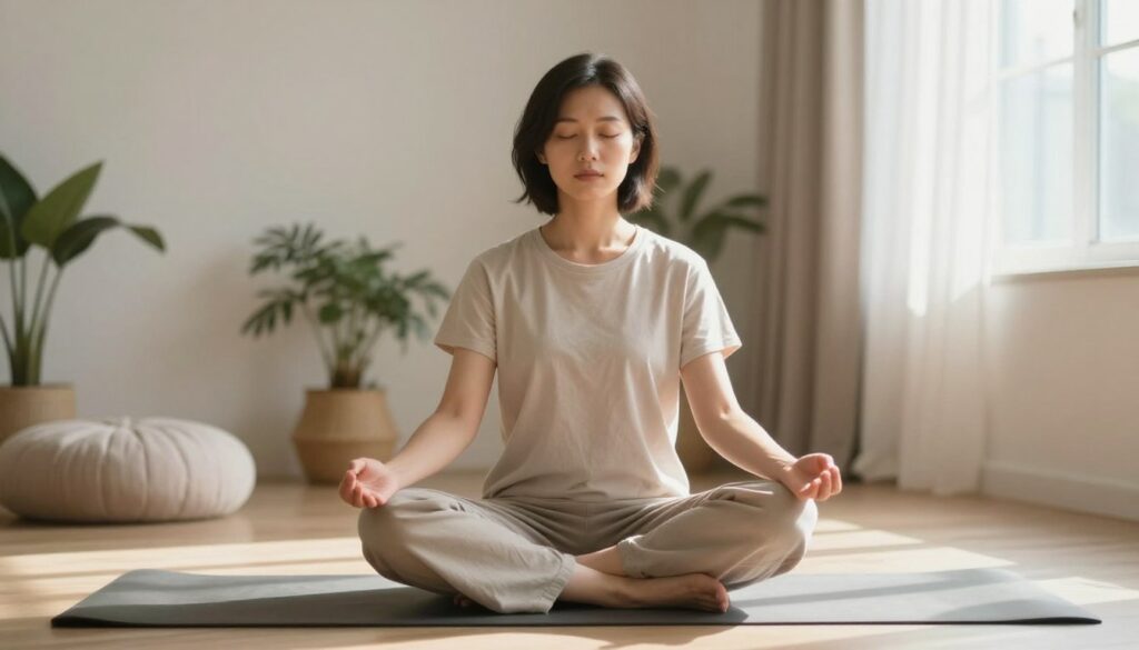 A serene indoor setting designed for breathwork exercises, featuring a calm person in modest casual clothing, sitting cross-legged on a yoga mat in a softly-lit room. The foreground includes a gentle aura of tranquility, with the individual’s hands resting on their knees, palms open, and eyes closed in a meditative state. The middle ground showcases subtle decor, such as plants and soft cushions, enhancing the atmosphere of relaxation. In the background, a window reveals soft natural light filtering through sheer curtains, casting delicate shadows. The overall mood conveys peace and mindfulness, ideal for illustrating a section about short breathing sequences aimed at calming the nervous system. The image is void of any text or distractions, focusing solely on the tranquil environment.