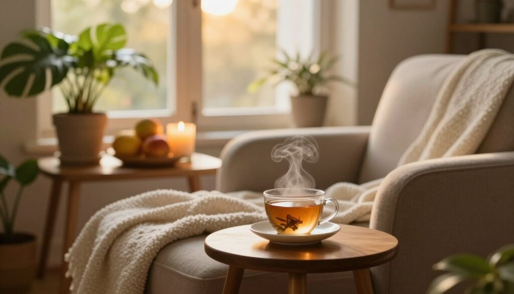 A serene indoor setting designed to evoke a sense of calm and relaxation. In the foreground, a cozy reading nook featuring a plush armchair draped with a soft blanket, a steaming cup of herbal tea on a small wooden side table. In the middle, an arrangement of calming elements, such as a lit scented candle, a bowl of fresh fruits, and a few potted plants with vibrant green leaves. The background shows a softly illuminated window allowing warm golden light to wash over the scene, enhancing the peaceful atmosphere. The overall mood is soothing and tranquil, inviting viewers to imagine a quick escape from stress. The focus is sharp on the foreground, with a slight bokeh effect in the background to emphasize serenity.