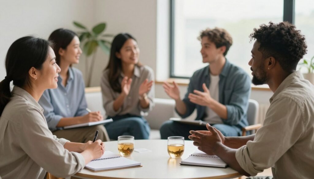 A serene indoor setting showcasing a diverse group of professionals engaged in a supportive discussion. The foreground features two people—a middle-aged woman of Asian descent and a young Black man—sitting at a round table filled with notebooks and calming herbal teas. In the middle ground, a couple of colleagues, a Hispanic woman and a Caucasian man, share ideas, gesturing enthusiastically while a soft light filters through large windows, creating a warm atmosphere. In the background, a peaceful indoor plant adds a touch of nature. The mood is uplifting and collaborative, emphasizing the importance of mutual support in building mental resilience. Use soft focus for the background, highlighting the lively interactions in the foreground, with an overall bright and inviting tone.
