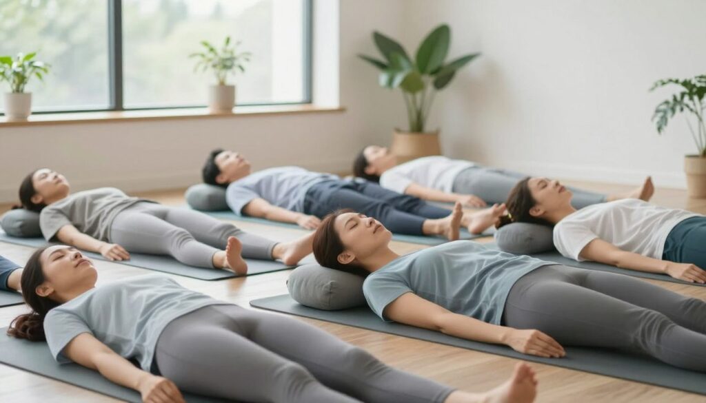 A serene indoor setting showcasing various relaxation techniques for stress relief. In the foreground, a diverse group of individuals dressed in comfortable, modest athletic clothing engage in stretching exercises on yoga mats. In the middle, there are soft pillows and plants, creating a warm, inviting atmosphere. The background features large windows allowing soft, natural light to flood the room, enhancing a sense of tranquility. The overall mood is peaceful and restorative, with gentle colors like pale blue and soft green present throughout the scene. Focus on capturing the essence of relaxation, with peaceful expressions on the participants' faces, illustrating the importance of body movement and muscle relaxation for emotional regulation.
