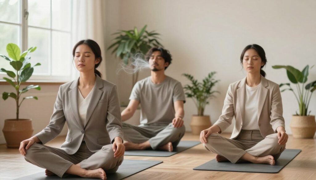 A serene indoor setting where a diverse group of three individuals practices breathing exercises. In the foreground, a woman in business attire sits cross-legged on a yoga mat, eyes closed, with a calm expression. In the middle, a man in modest casual clothing demonstrates deep inhalation, with a gentle breeze rustling plants around him. The background features soft, natural light filtering through a large window, illuminating soothing earthy tones. A few indoor plants are placed strategically to enhance the tranquility of the environment. The mood is peaceful and focused, encouraging mindfulness and stress relief. The scene captures an essence of calmness and immediate application of stress-relief techniques.