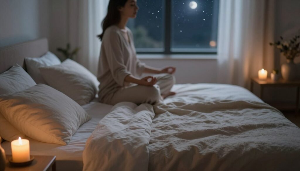 A serene, introspective scene depicting a calm bedroom environment. In the foreground, a comfortable bed with soft, inviting pillows and a neatly arranged blanket. A bedside table holds a flickering candle, casting warm, soft light that creates gentle shadows. The middle layer features a person sitting cross-legged on the bed, dressed in modest, soft clothing, with a contemplative expression as they meditate. In the background, softly blurred details of a peaceful window view show a starry night sky, with faint moonlight filtering through sheer curtains. The overall atmosphere is tranquil and soothing, embodying a sense of inner peace amidst swirling thoughts, inviting the viewer to feel calm and relaxed. Use a soft focus lens effect to enhance the dream-like quality of the image.