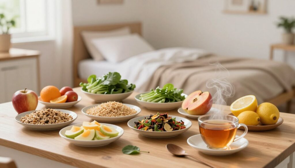 A serene kitchen scene featuring a beautifully arranged table with colorful, nutritious foods symbolizing a healthy diet, such as vibrant fruits, leafy greens, and whole grains. In the background, a peaceful bedroom with a neatly made bed and soft, warm lighting, creating a calming atmosphere. The foreground showcases a steaming cup of herbal tea, suggesting relaxation. A window allows natural light to pour in, enhancing the tranquil feel. Use soft focus to create a dreamy effect, captured from a slightly elevated angle, emphasizing the connection between diet and sleep. The overall mood is soothing and inviting, reflecting the theme of stress resilience through lifestyle choices.