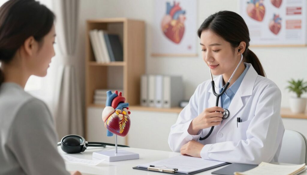 A serene medical office environment focusing on heart treatment. In the foreground, a compassionate medical professional in a white lab coat, equipped with a stethoscope, attentively listens to a patient’s heart with a gentle expression, embodying care and professionalism. The middle ground features an anatomical heart model on a desk, surrounded by medical tools like a sphygmomanometer and EKG strips, suggesting an in-depth examination. The background contains soft-lit shelves with medical books and heart health posters, promoting a calming atmosphere. Warm, natural lighting streams through a window, enhancing the sense of trust and comfort in the space. The overall mood is reassuring and focused on healing, illustrating the importance of addressing heart health beyond just stress. A serene medical office environment focusing on heart treatment. In the foreground, a compassionate medical professional in a white lab coat, equipped with a stethoscope, attentively listens to a patient’s heart with a gentle expression, embodying care and professionalism. The middle ground features an anatomical heart model on a desk, surrounded by medical tools like a sphygmomanometer and EKG strips, suggesting an in-depth examination. The background contains soft-lit shelves with medical books and heart health posters, promoting a calming atmosphere. Warm, natural lighting streams through a window, enhancing the sense of trust and comfort in the space. The overall mood is reassuring and focused on healing, illustrating the importance of addressing heart health beyond just stress.