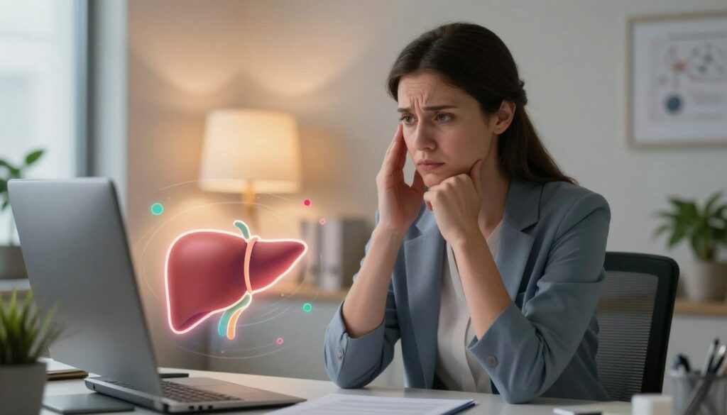 A serene medical office scene featuring a professional therapist in smart casual attire, sitting at a desk, looking thoughtfully at a glowing visualization of the human liver, represented in the foreground. The therapist's expression displays concern and compassion. In the background, calming elements like soft lighting and potted plants create a peaceful atmosphere. Subtle visual cues suggest stress, such as a chaotic swirl of color or abstract forms around the liver representation. Soft, warm lighting invites a sense of hope and healing. The angle focuses on the therapist, ensuring they dominate the image while the liver metaphorically illustrates the connection between liver colic and stress. Overall, the image conveys tension, understanding, and the complex emotional factors affecting physical health. A serene medical office scene featuring a professional therapist in smart casual attire, sitting at a desk, looking thoughtfully at a glowing visualization of the human liver, represented in the foreground. The therapist's expression displays concern and compassion. In the background, calming elements like soft lighting and potted plants create a peaceful atmosphere. Subtle visual cues suggest stress, such as a chaotic swirl of color or abstract forms around the liver representation. Soft, warm lighting invites a sense of hope and healing. The angle focuses on the therapist, ensuring they dominate the image while the liver metaphorically illustrates the connection between liver colic and stress. Overall, the image conveys tension, understanding, and the complex emotional factors affecting physical health.