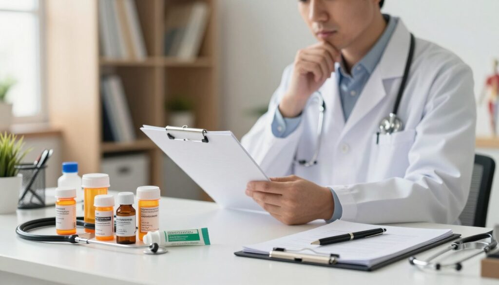 A serene medical office setting focused on the concept of pharmacological treatment for intercostal neuralgia. In the foreground, a neatly arranged table filled with various prescription medication bottles and a pain relief cream tube. A stethoscope and a notepad with a pen rest alongside them. In the middle ground, a healthcare professional in a lab coat, deep in thought, studies a patient's medical chart, portraying professionalism and care. The background features shelves with medical books and anatomical models, softly illuminated by warm, natural light streaming through a window. The overall mood is calm and reassuring, emphasizing safety and competence in medical care. The focus should be on the treatment tools and the thoughtful expression of the health professional. A serene medical office setting focused on the concept of pharmacological treatment for intercostal neuralgia. In the foreground, a neatly arranged table filled with various prescription medication bottles and a pain relief cream tube. A stethoscope and a notepad with a pen rest alongside them. In the middle ground, a healthcare professional in a lab coat, deep in thought, studies a patient's medical chart, portraying professionalism and care. The background features shelves with medical books and anatomical models, softly illuminated by warm, natural light streaming through a window. The overall mood is calm and reassuring, emphasizing safety and competence in medical care. The focus should be on the treatment tools and the thoughtful expression of the health professional.